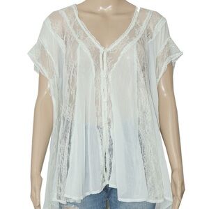Free People Farrah Lace Top Pale Blue Lace-Trim Button Front Blouse